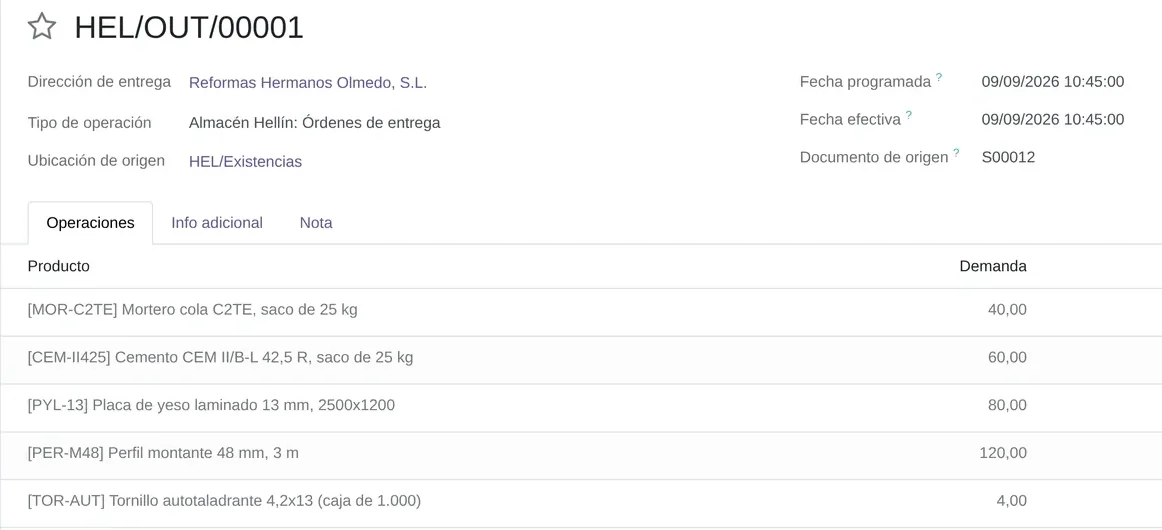 Albarán de salida en Odoo 18 con sus líneas, preparado desde el almacén