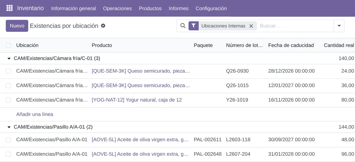 Existencias por ubicación en Odoo 18, con paquete, número de lote y fecha de caducidad de cada producto